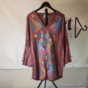 Judith March Brown Tunic with Colorful Embroidery